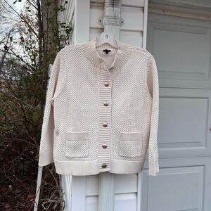 NWT Talbots Gorgeous Thick Woven Cream Short Long Sleeve Cardigan Pockets